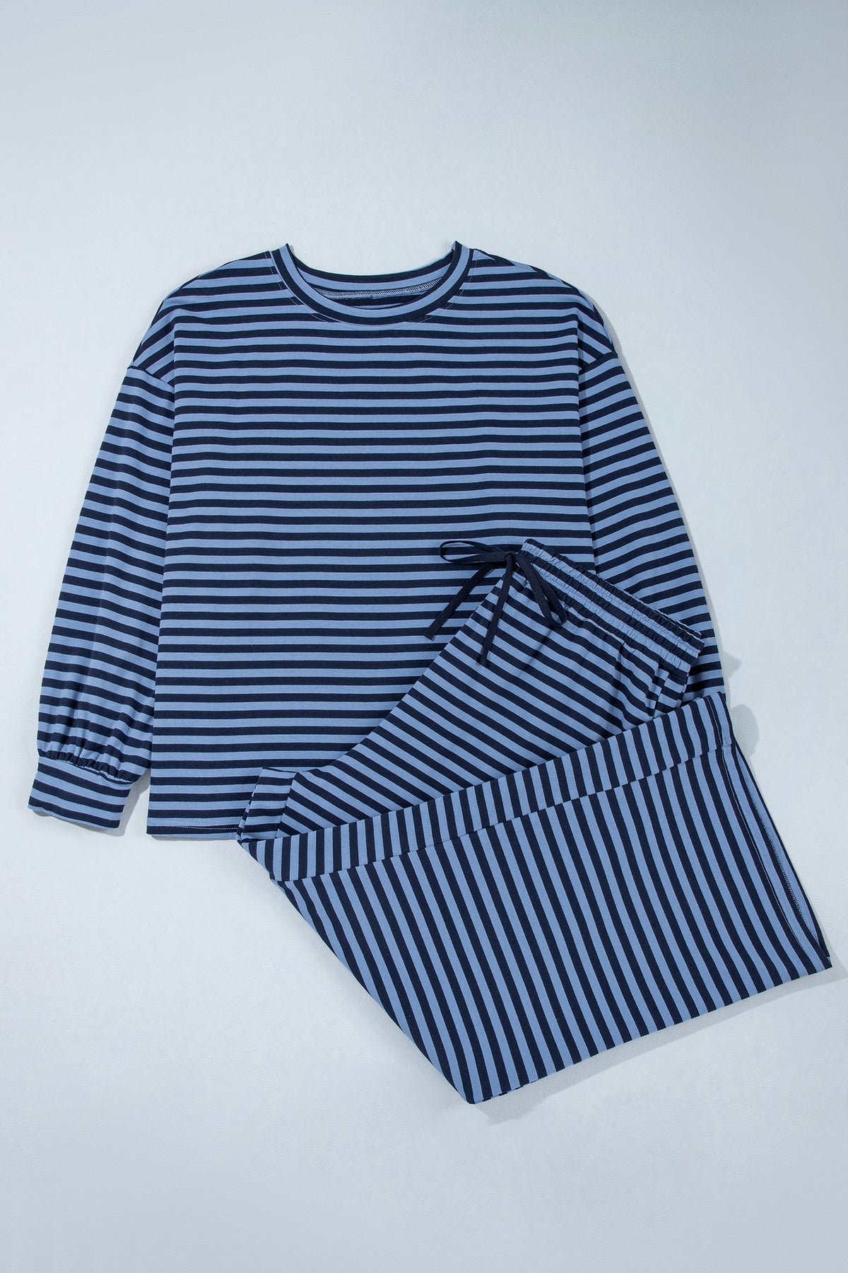 Blue Stripe Long-Sleeve Drawstring-Waist Plus Size Lounge Pants Set