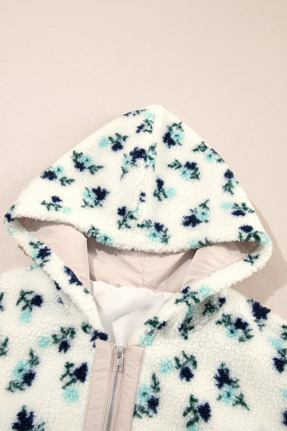 White Floral Faux Fur Hooded Zip Jacket