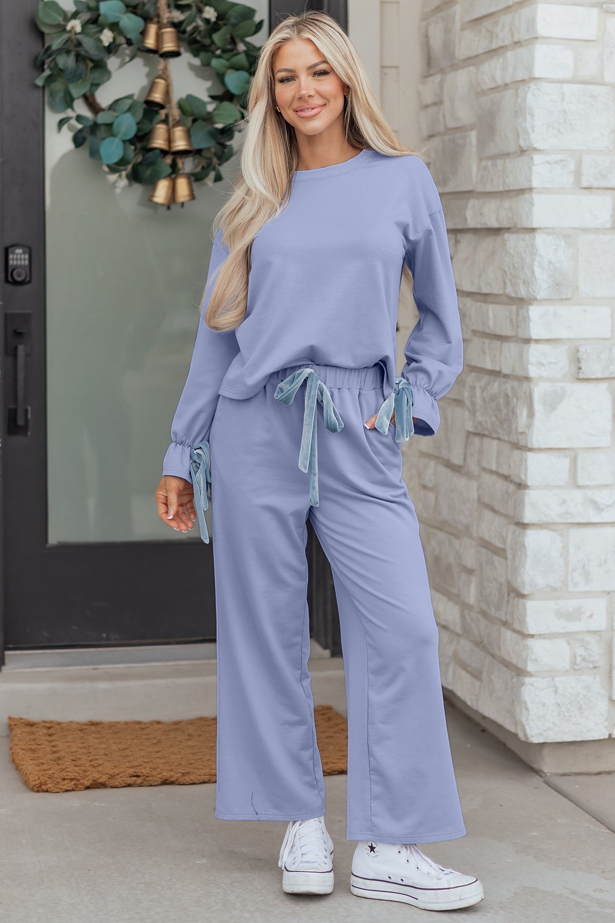 Beau Blue Flounce Long Sleeve Top Drawstring Pants Contrast Velvet Bow Lounge Set