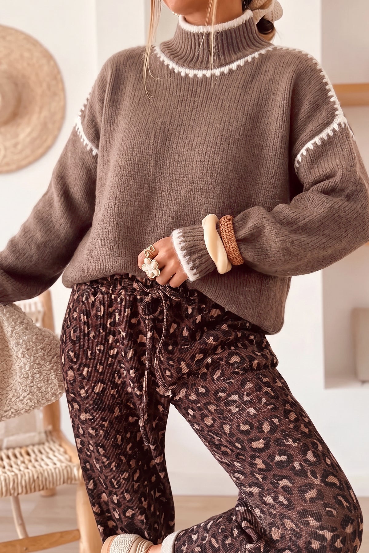 Coffee Contrast Trim Mock Neck Drop Shoulder Sweater