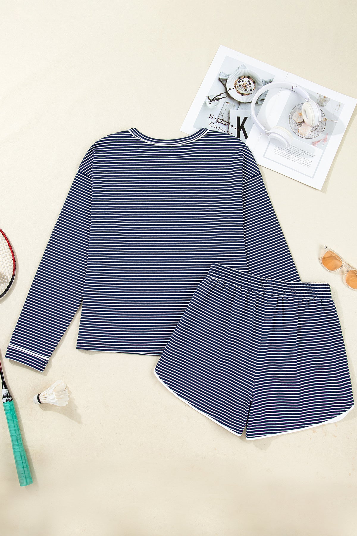 Blue Stripe Long Sleeve Tee and Buttoned Shorts Lounge Set