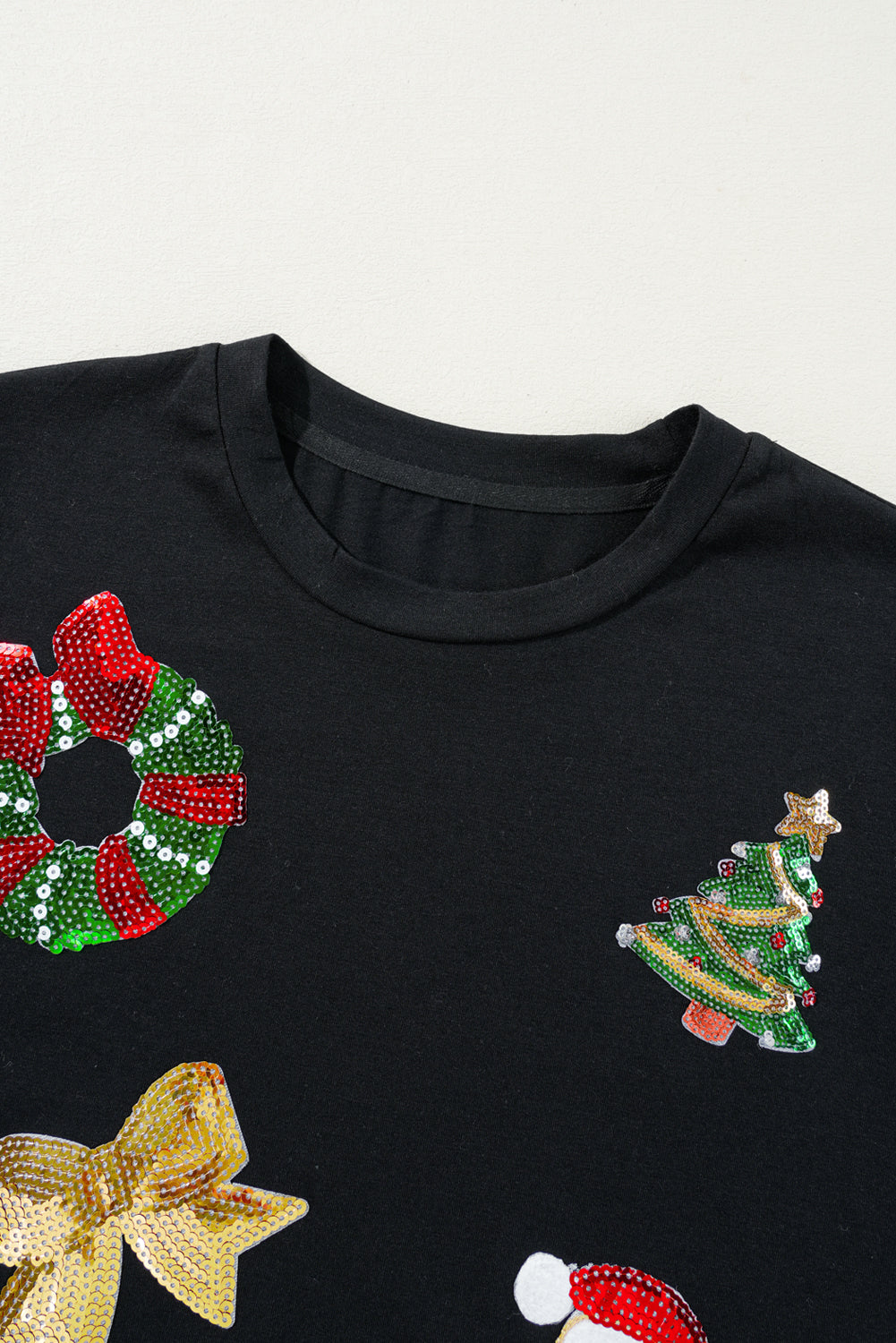 Black Sequin Christmas Essentials Graphic Crewneck T-Shirt