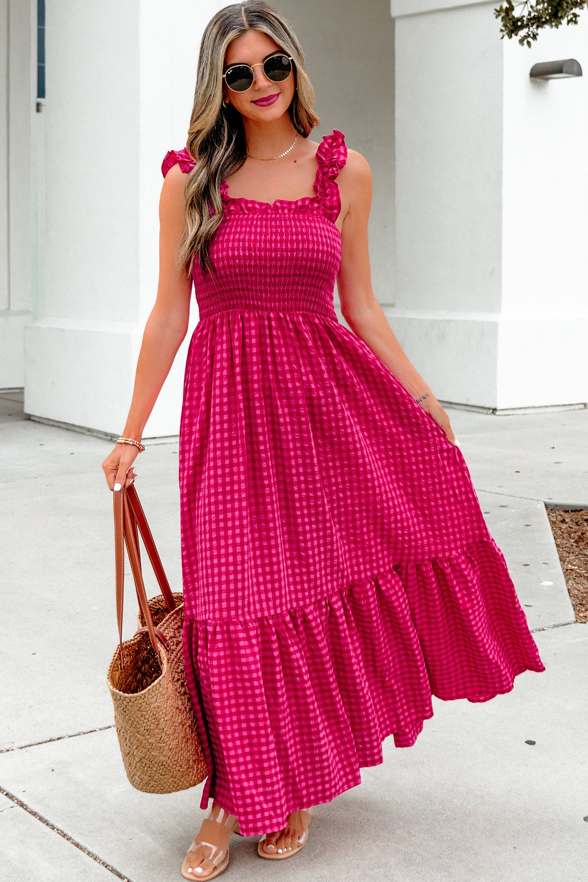 Red Plaid Square-Neck Maxi Dress