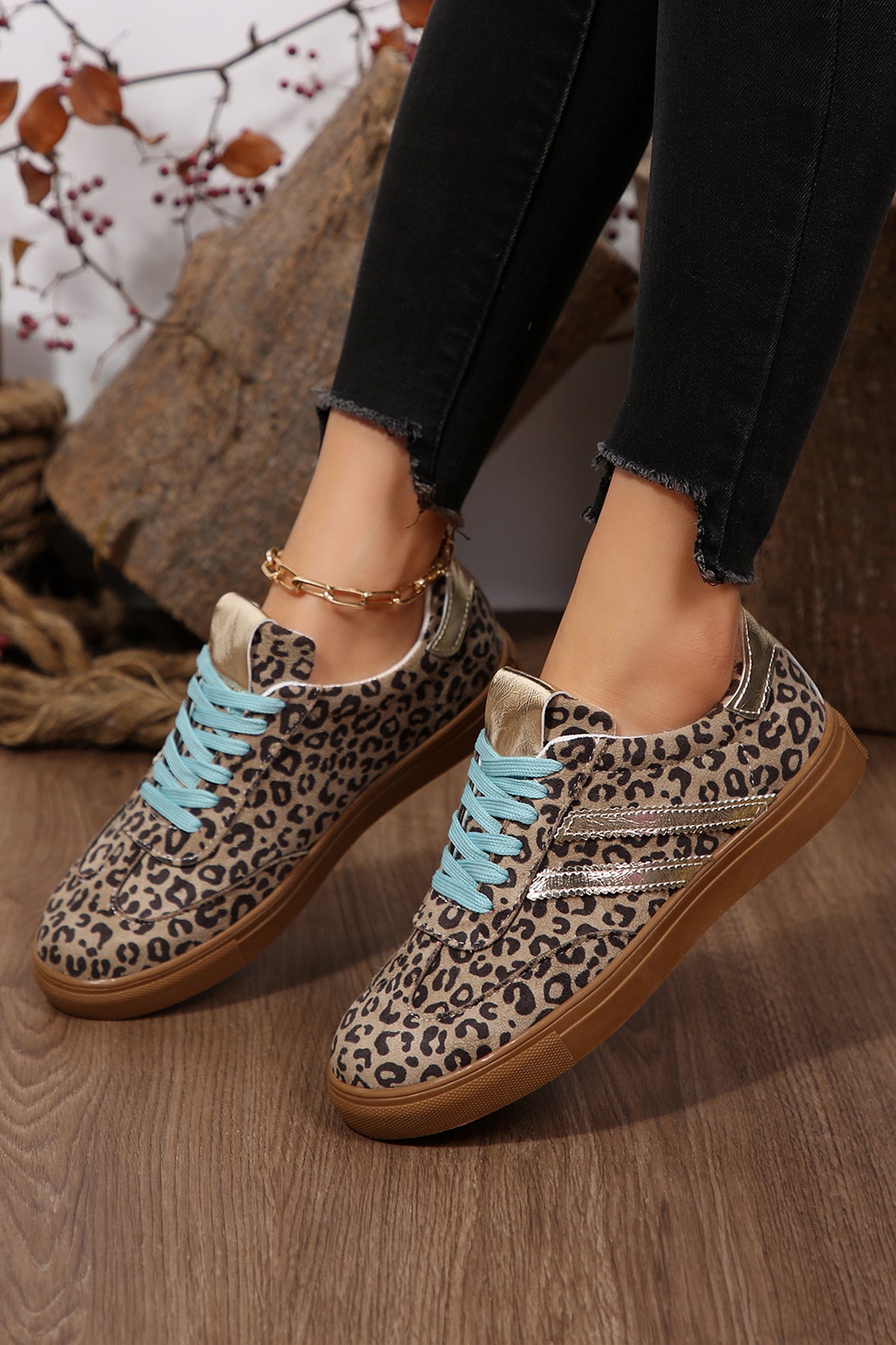 Coffee Faux Suede Leopard Print Sleek PU Leather Lace-Up Sneakers