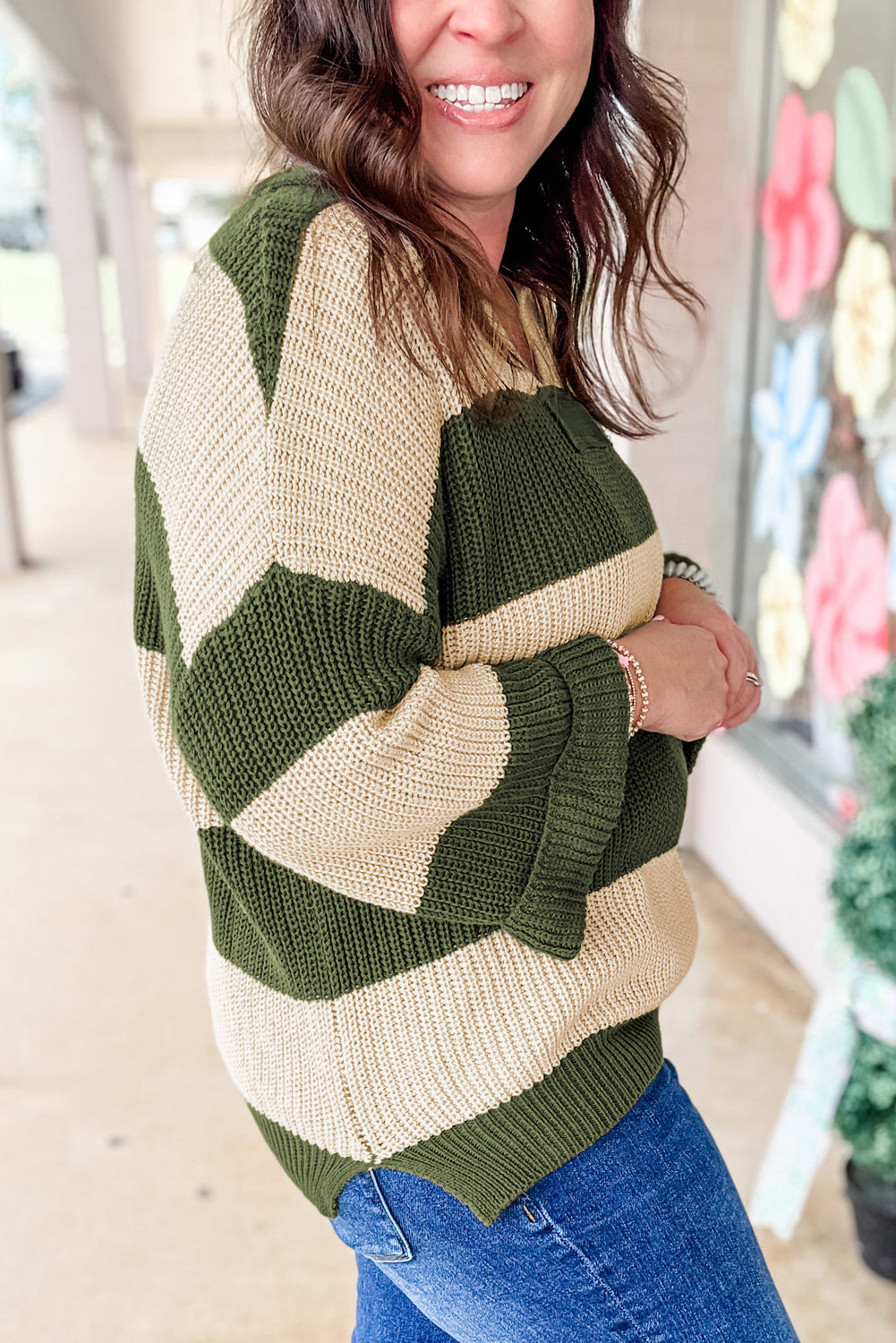 Green Stripe Color-Block Notched Neck Plus Size Sweater