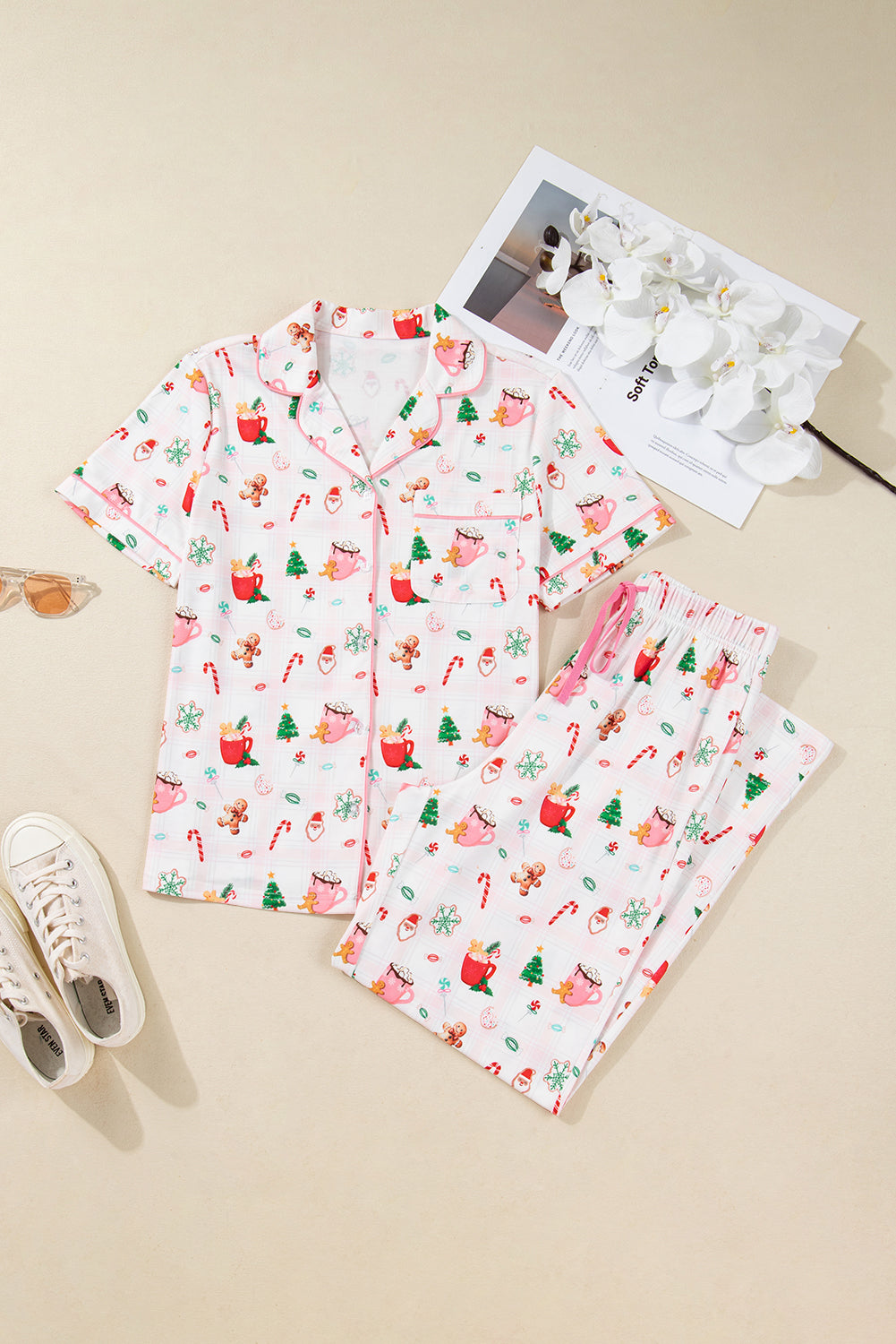 Pink Christmas Spirit Print Short Sleeve Shirt and Pants Pajama Set