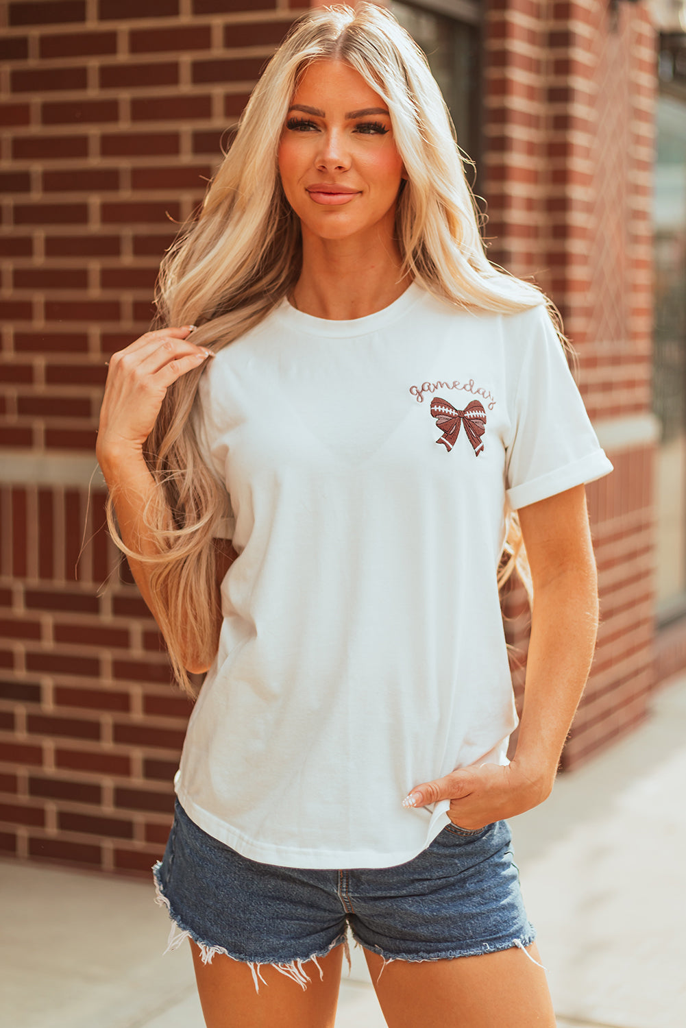 White Game Day Bowknot Embroidered Graphic Casual Tee
