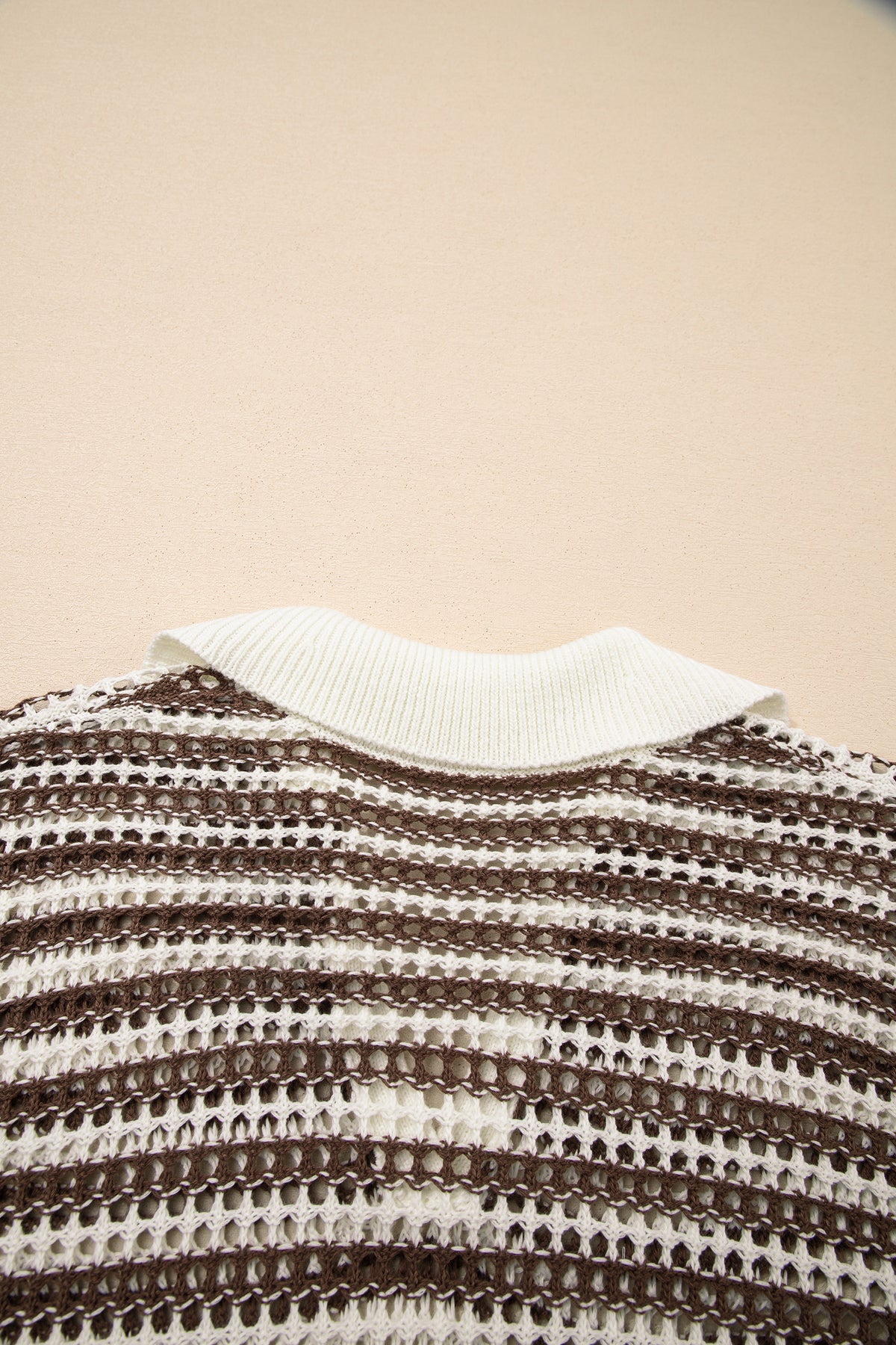 Brown Stripe Eyelet Hollow-out Contrast Collared Pullover Chic Sweater