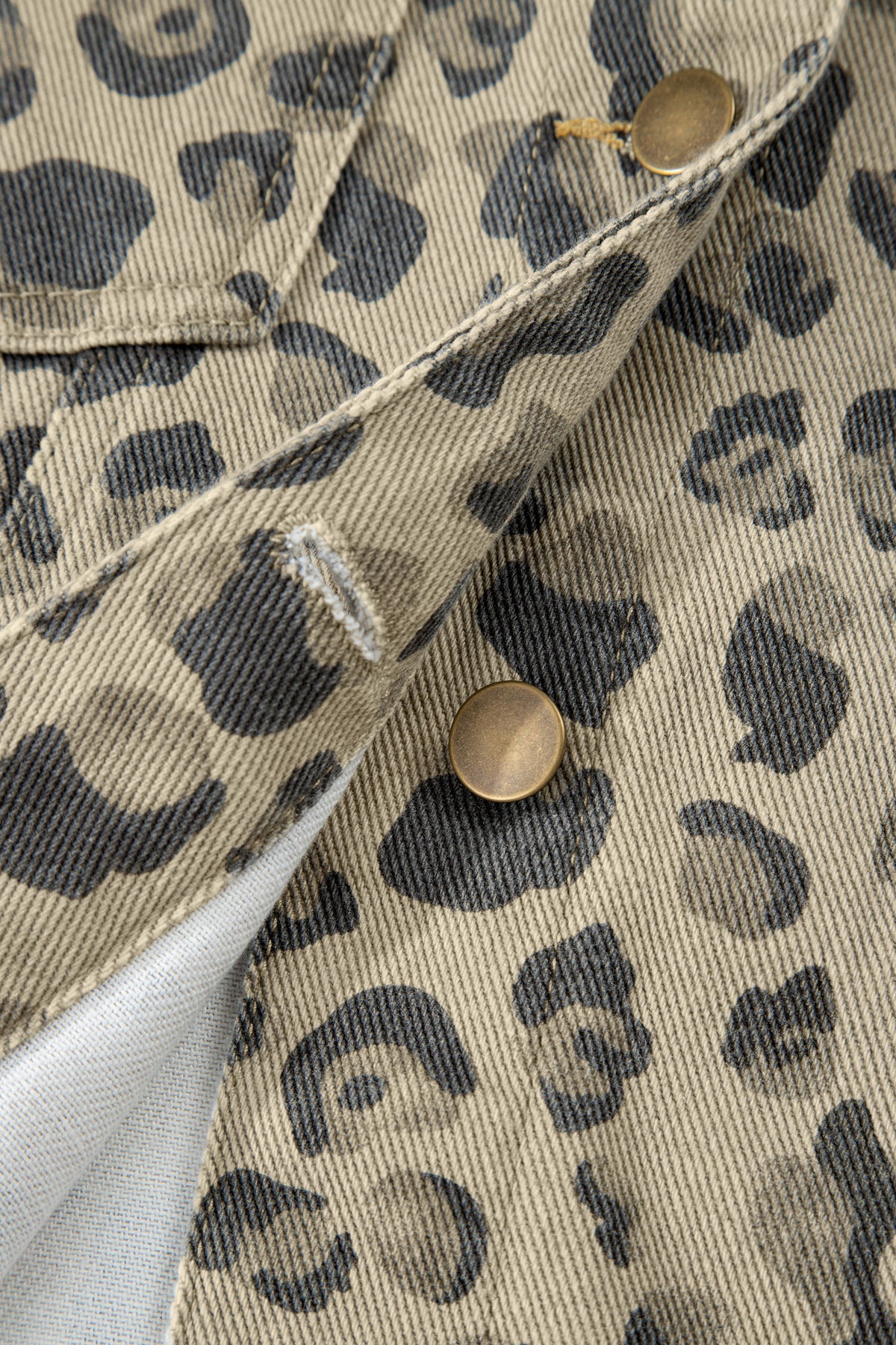 Khaki Retro Leopard Print Seam Detail Button Down Denim Jacket
