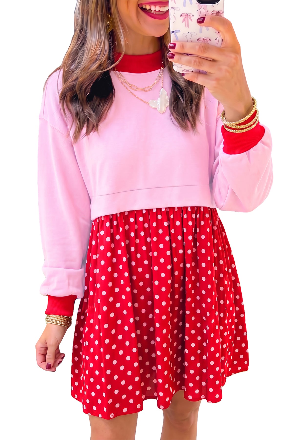Pink Color Block Polka Dot Pleated Mini Dress