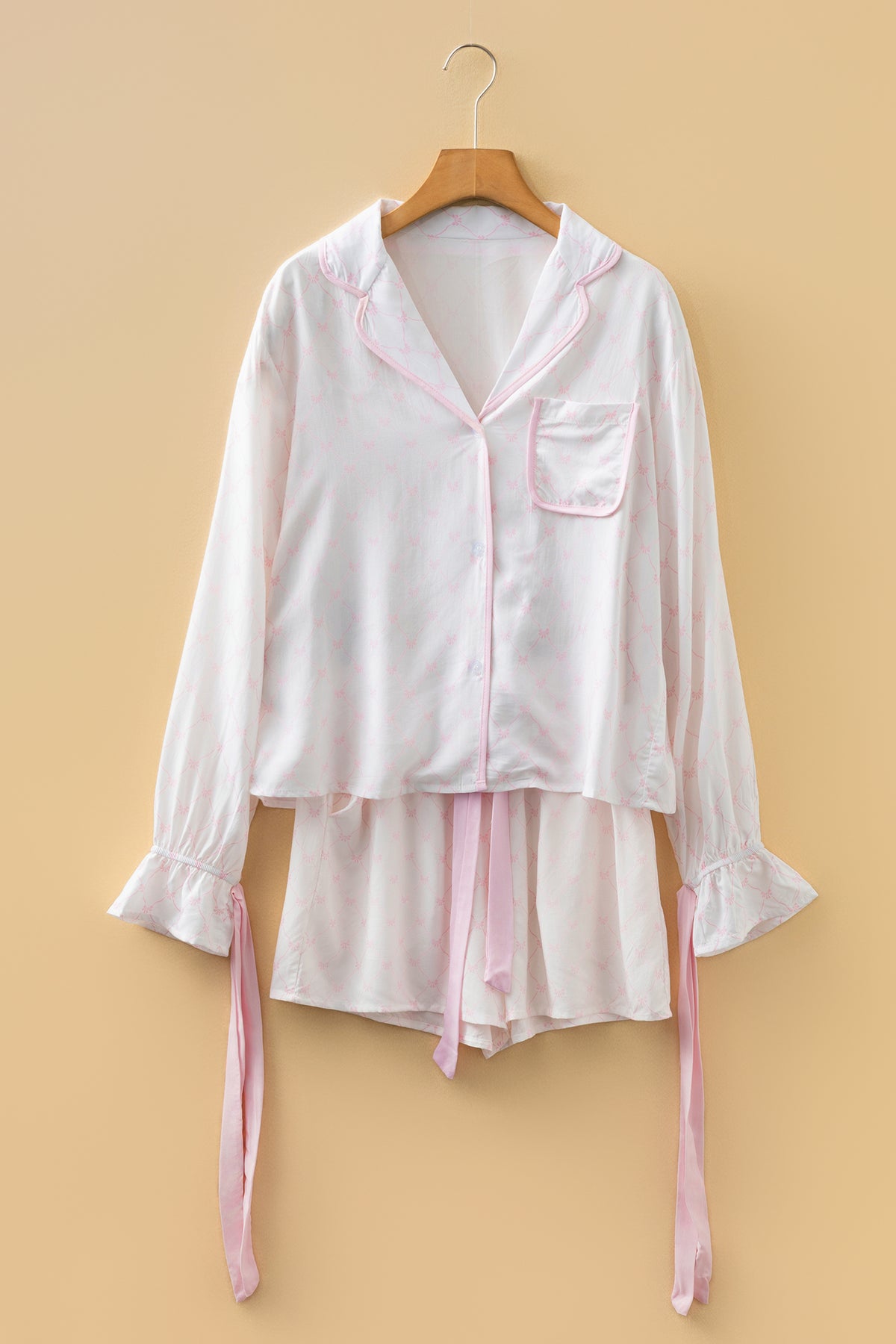 Pink Bow Lattice Print Bow Ties Pajama Set