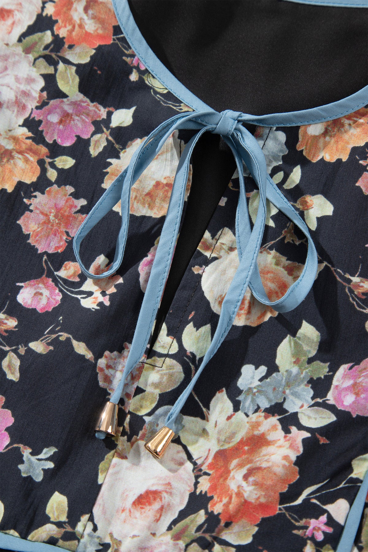 Black Floral Print Contrast Trim Tie V Neck Blouse