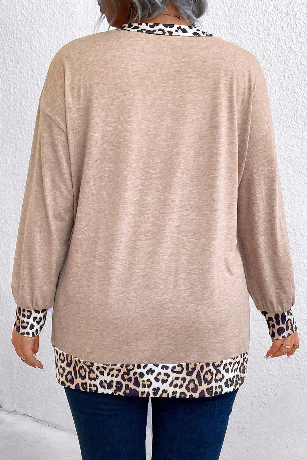 Parchment Leopard Patchwork V-Neck Long-Sleeve Plus Size Top