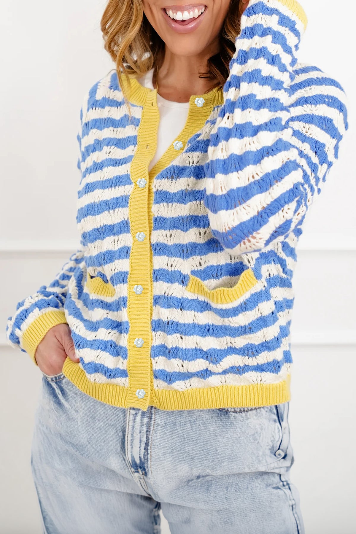 Sky Blue Stripe Striped Colorblock Button Front Long Sleeve Fit Knit Cardigan