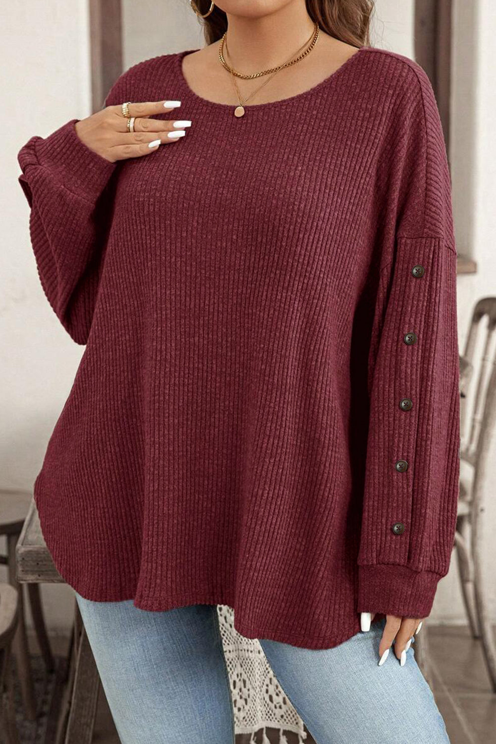 Wild Ginger Plus Size Ribbed Button Decor Long-Sleeve Loose Top
