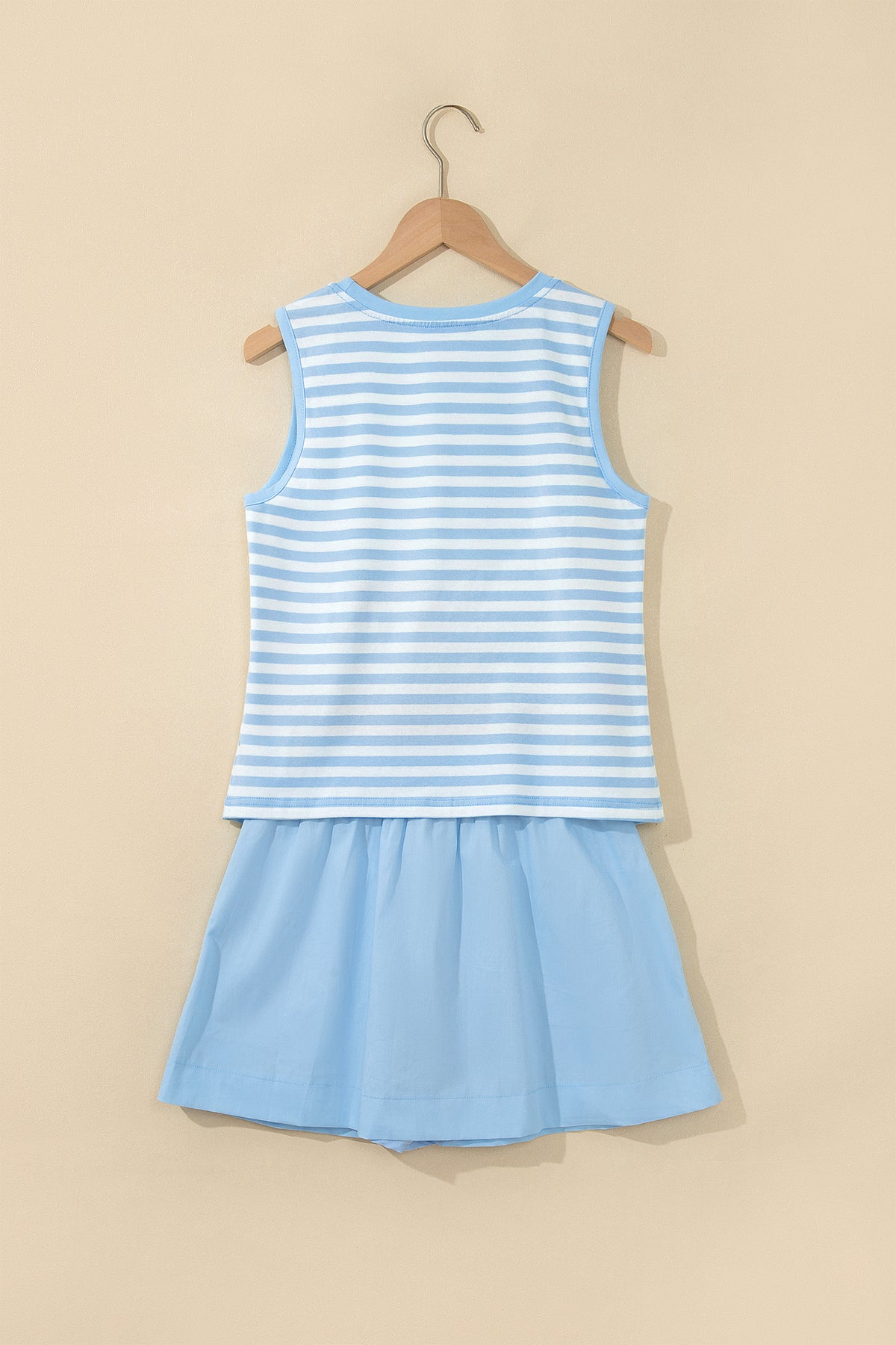 Women's Sky Blue Stripe Slim Tank Contrast Ruffle Mini Skort Set