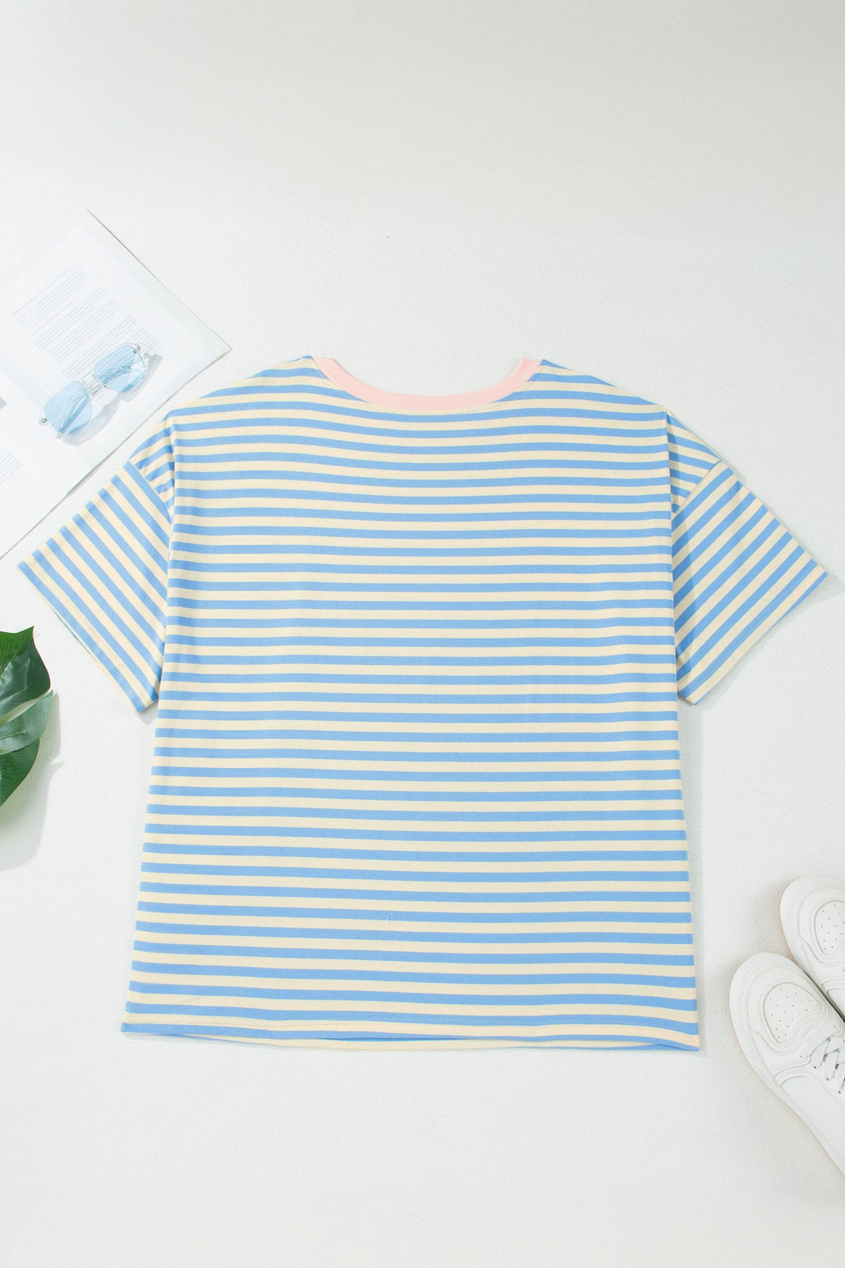 Sky Blue Stripe Plus Size Drop-Shoulder Contrast Trim Round-Neck Tee