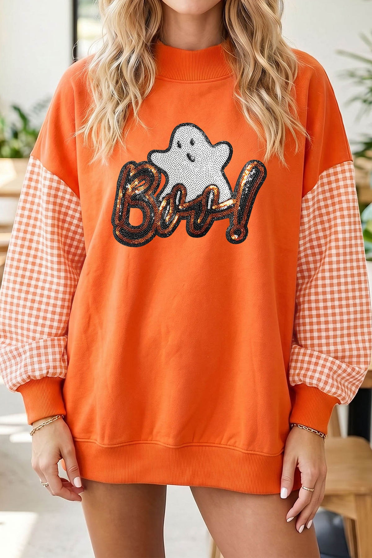 Russet Orange Boo Sequin Ghost Plaid Sleeve Halloween Sweatshirt