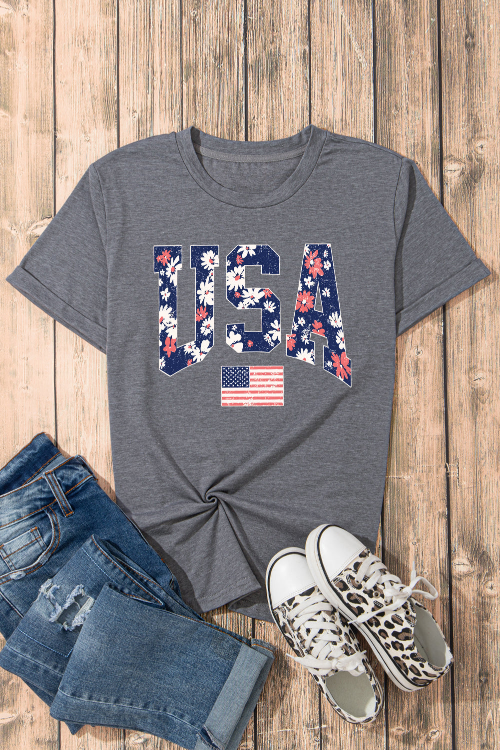 Gray Blooming USA Flag Print Casual T-Shirt