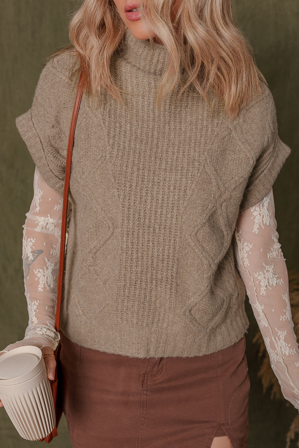 Smoke Gray Textured Knit High Neck Sweater T Shirt