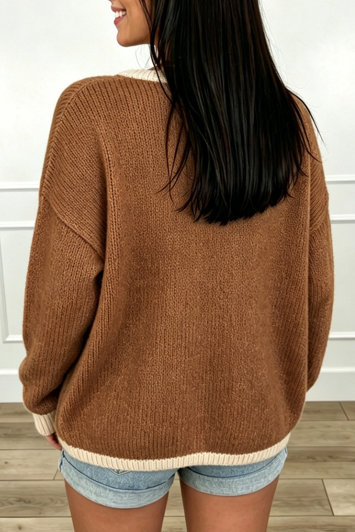 Apricot Contrast Trim V-Neck Tie Front Loose Sweater Cardigan