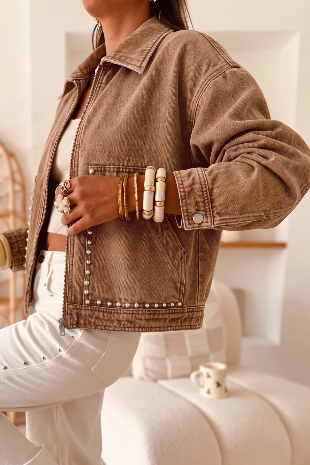 Coffee Studded Zip Front Rivet Pocket Denim Jacket