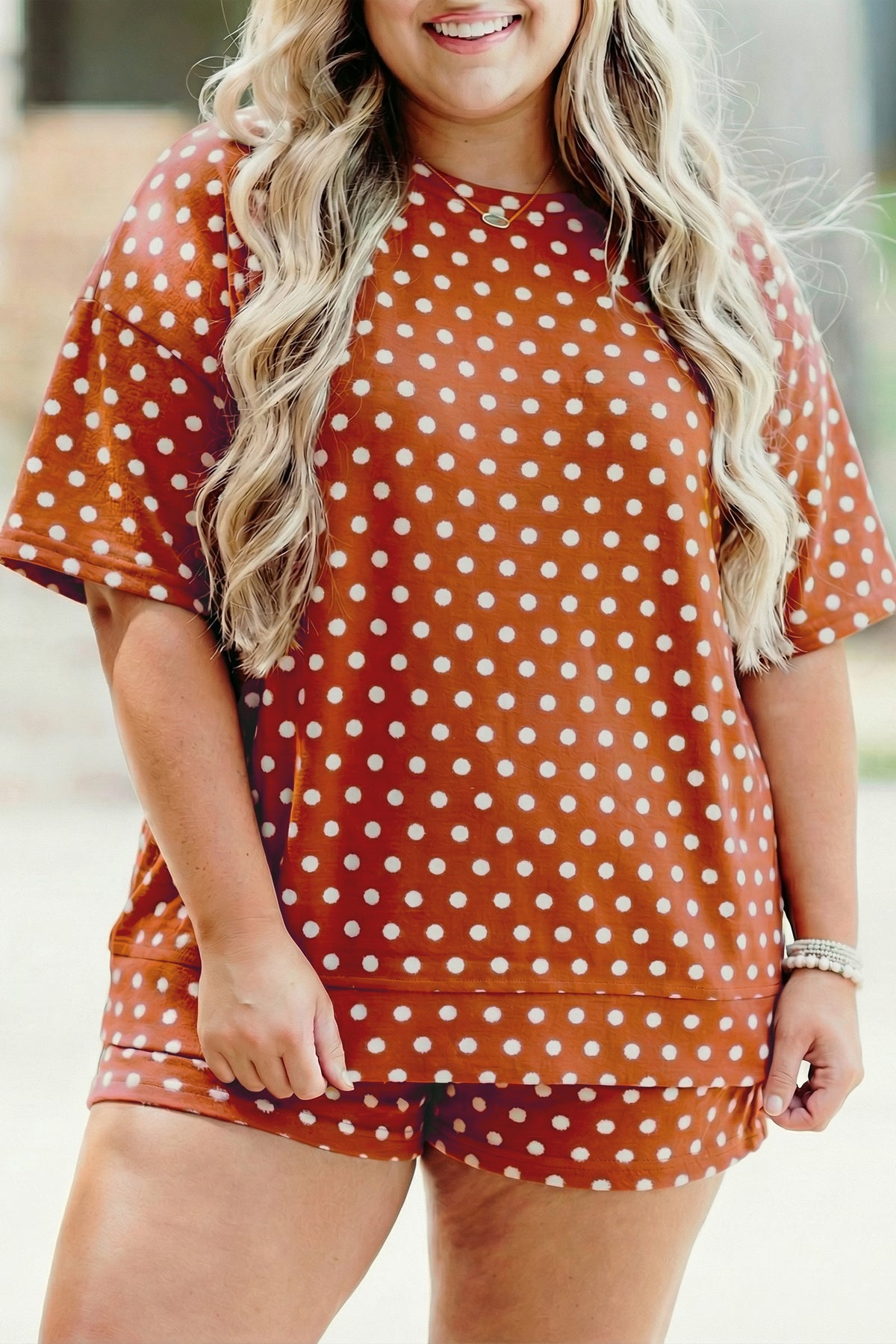 Brown Polka Dot Print Dropped Shoulder Tee Plus Size Shorts Set