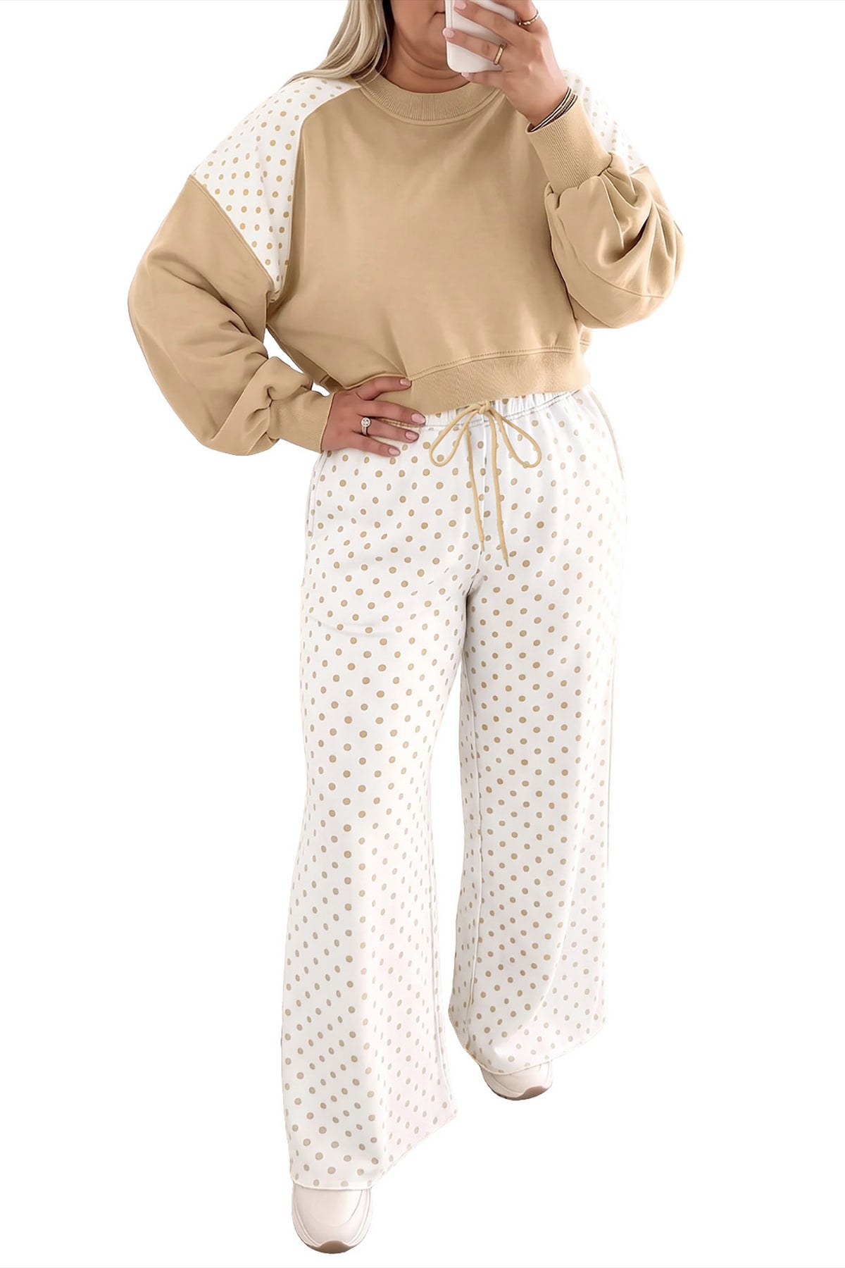 Khaki Plus Size Contrast Polka Dot Top Drawstring Pants Set
