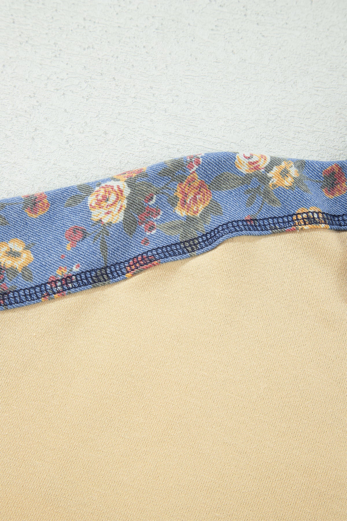 Apricot Floral Denim Patchwork Collar V Neck Top