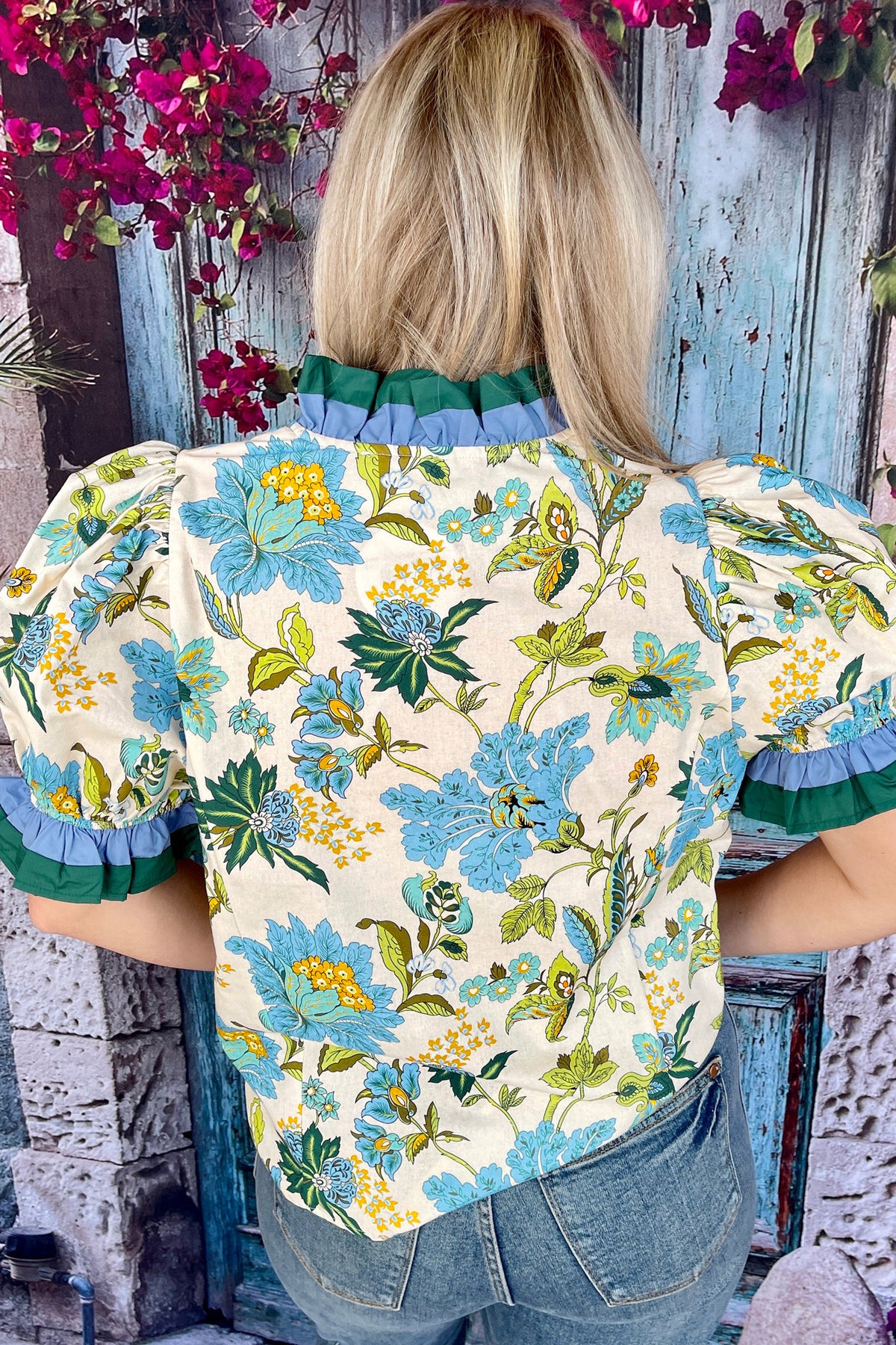 Sky Blue Plus Size Frilled V-Neck Short-Sleeve Floral Blouse