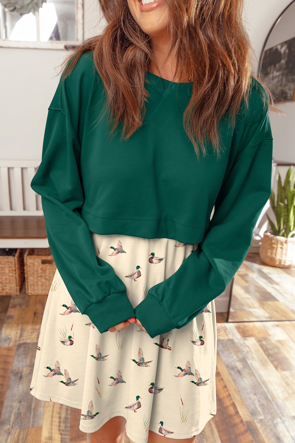 Green Mallard Print Patchwork Flared Mini Dress