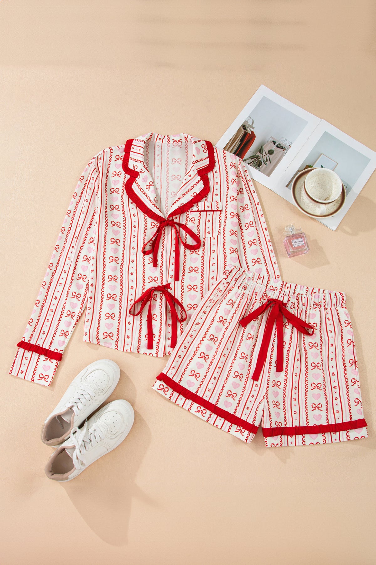 Red Floral Heart Bow Print Long Sleeve Shirt Pajama Short Set