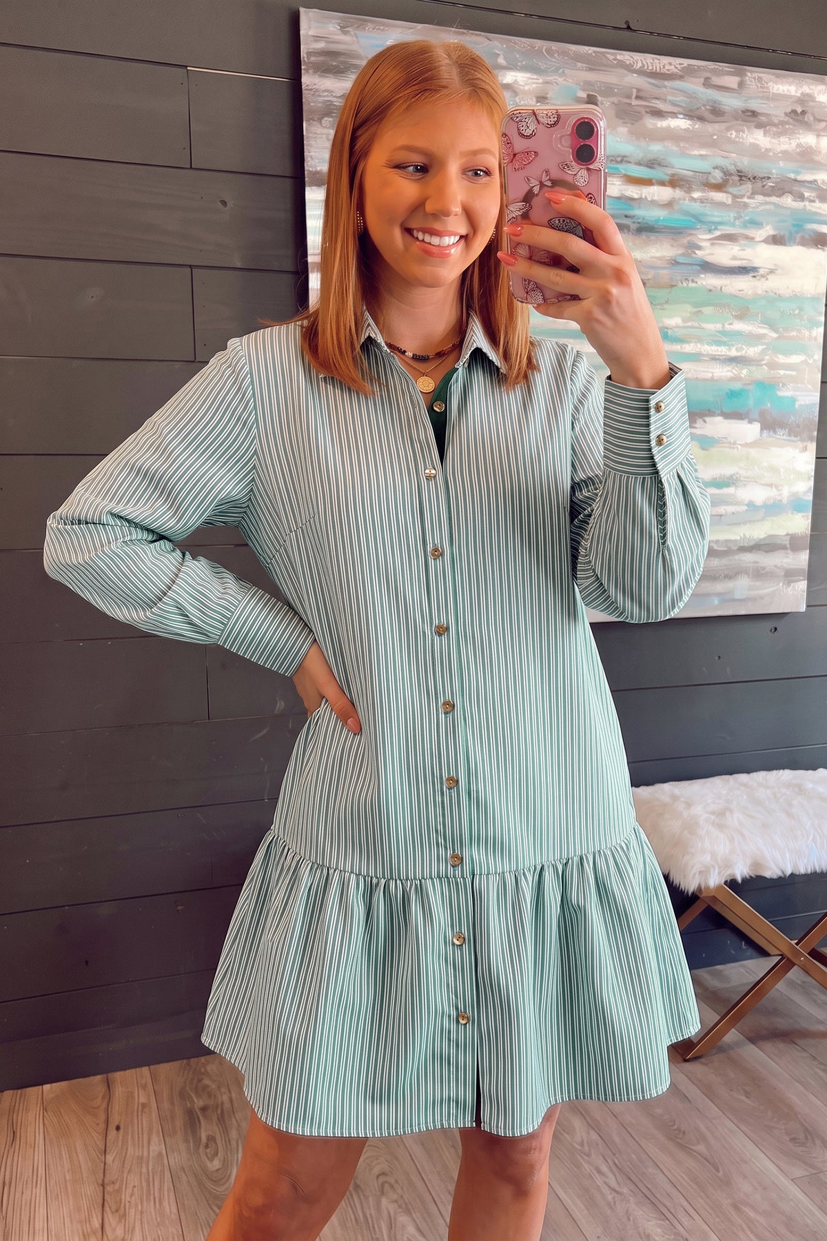 Green Stripe Shift Long Sleeve Dress