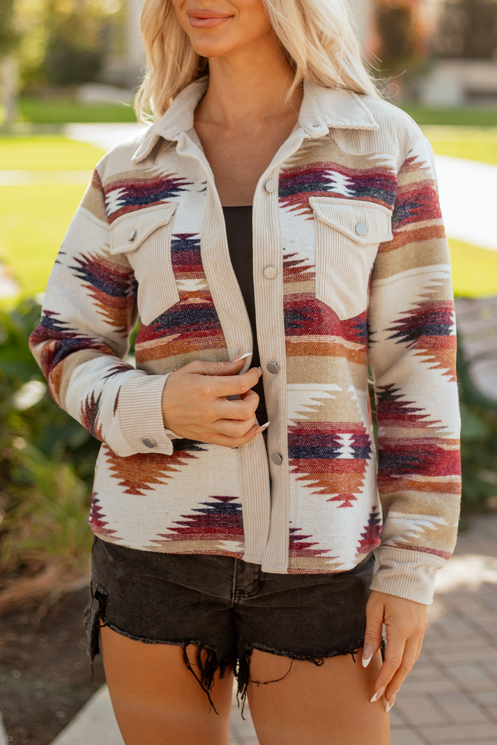 Multicolour Western Aztec Ribbed Double Flap Pocket Raw Hem Shacket