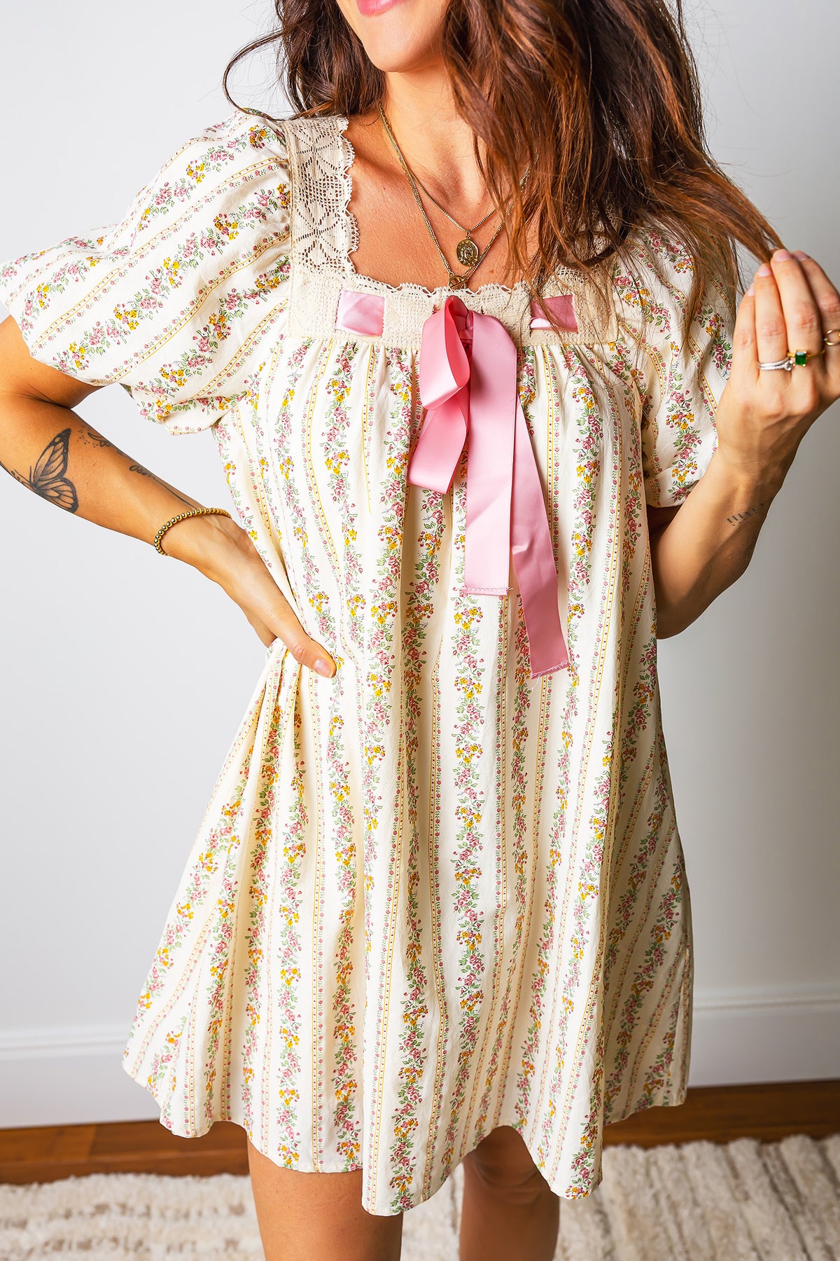 Multicolour Floral Bow Lace Mini Dress