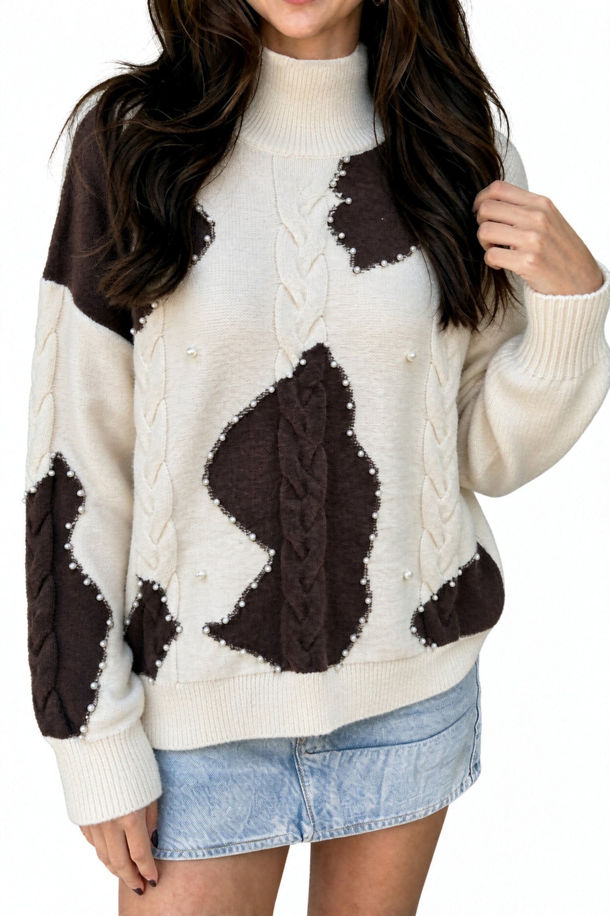 Beige Cable Knit Beaded Western Spots Sweater