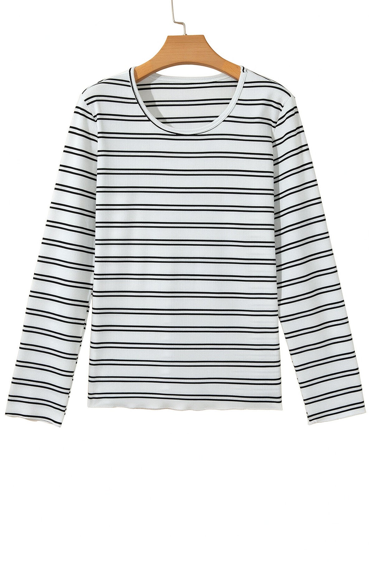 Beige Stripe Ribbed Knit Round Neck Long Sleeve Top