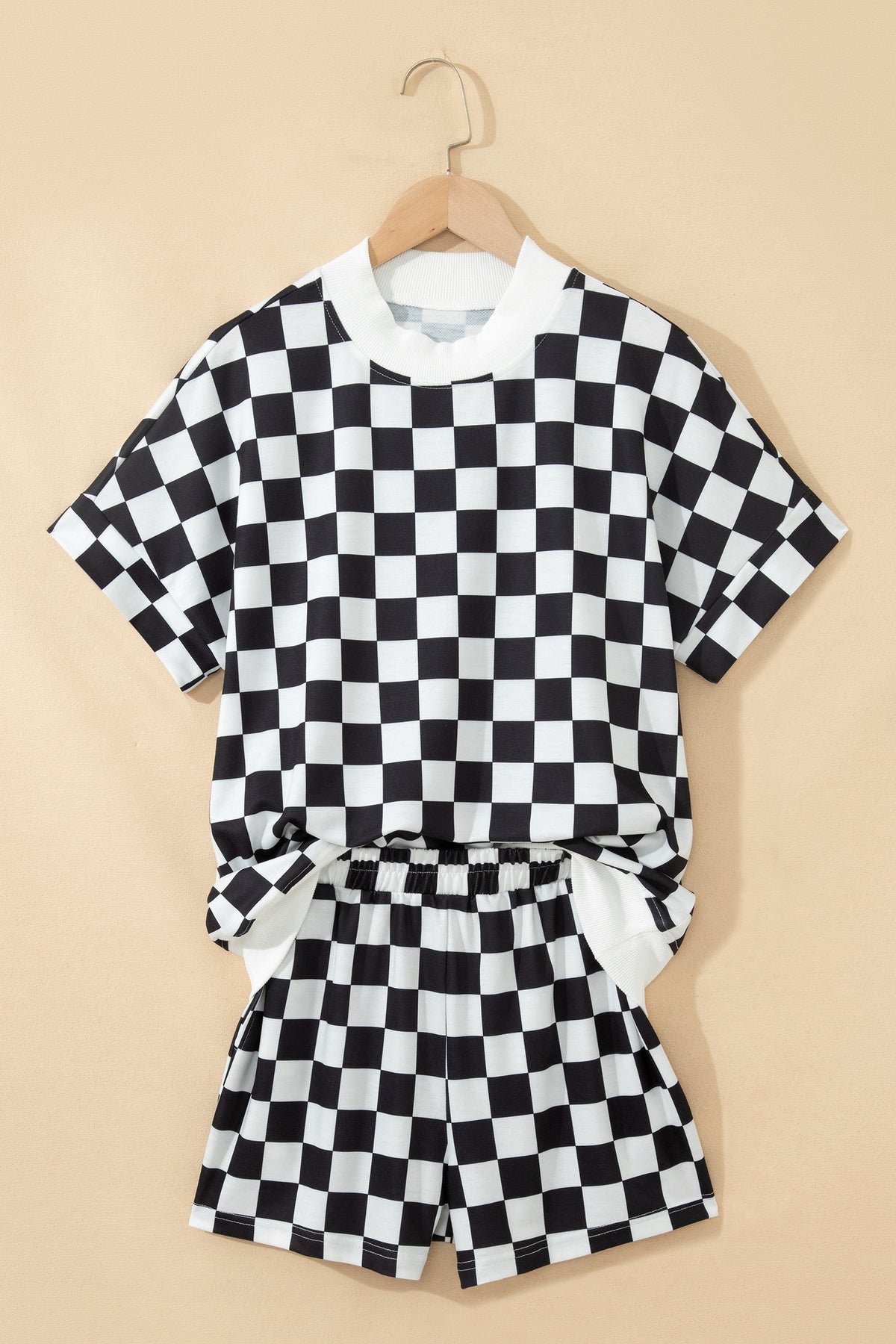 Women's Pink Checkered Print Color Block Trim Mock Neck Shorts Two-Piece Set