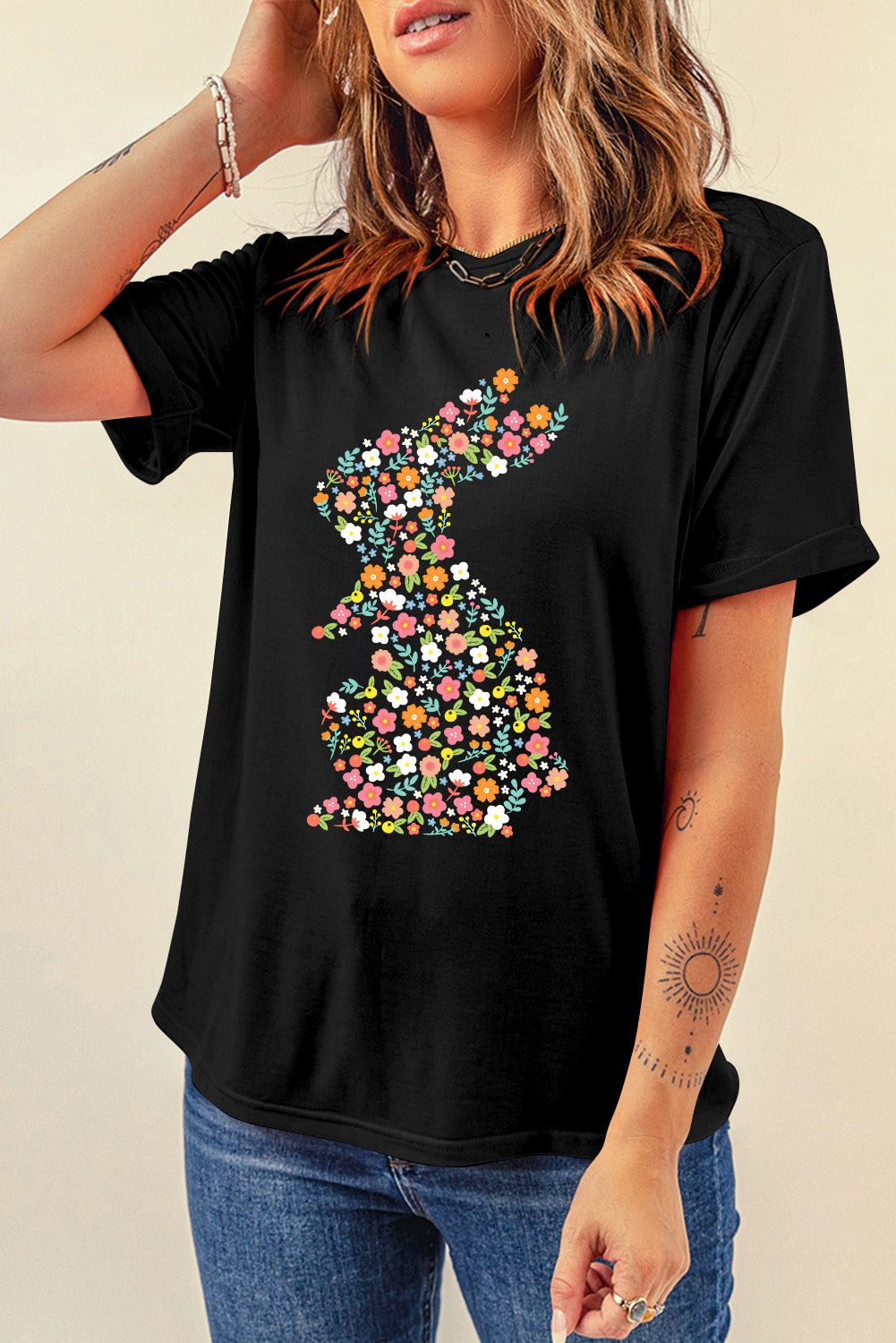 Black Colorful Floral Bunny Graphic Easter T-Shirt