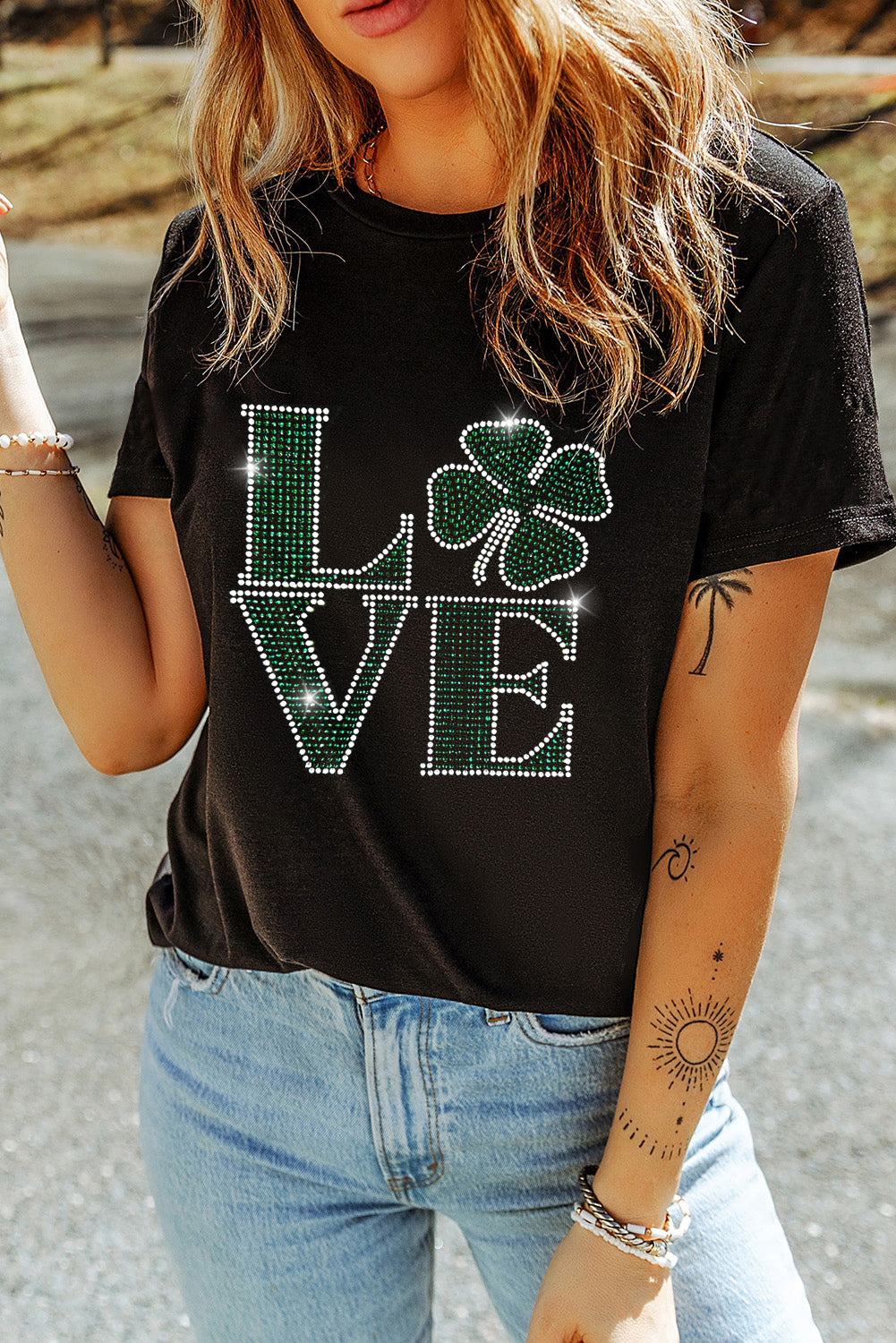 Black Clover LOVE Rhinestone Graphic St Patricks Day T-Shirt