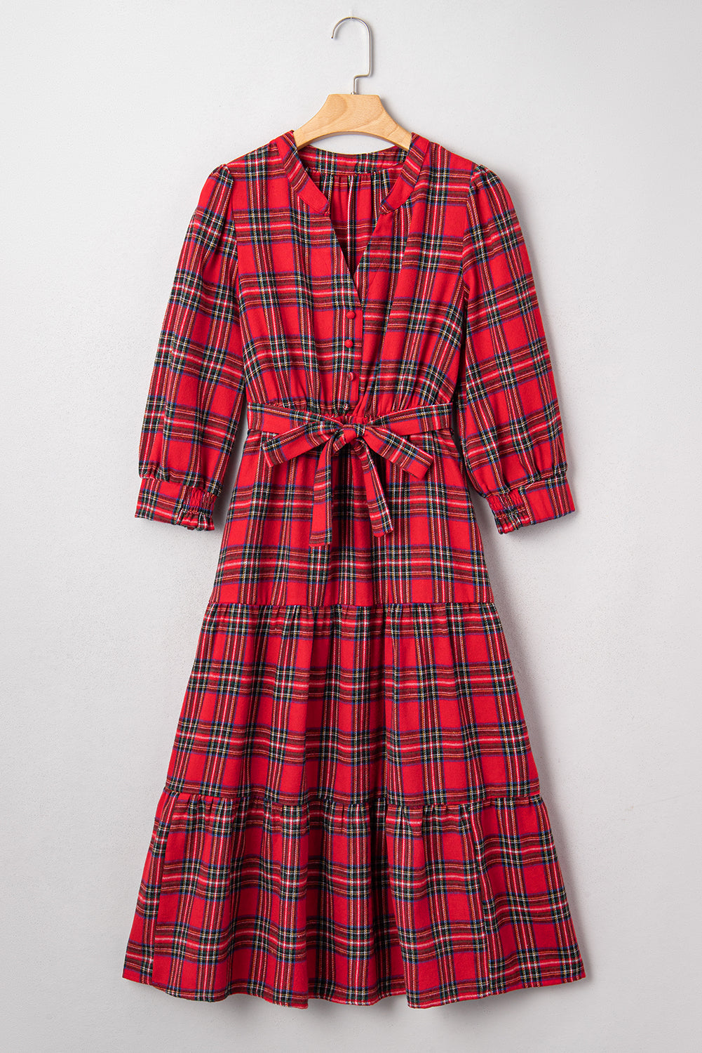 Red Christmas Plaid V Neck 3/4 Sleeve Ruffle Hem Long Dress