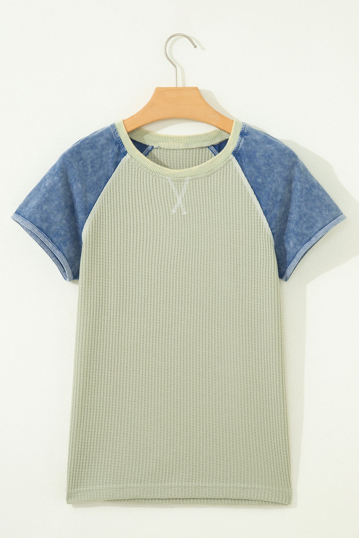 Carbon Grey Waffle Knit Seam Color Block Patchwork Short Sleeve Top