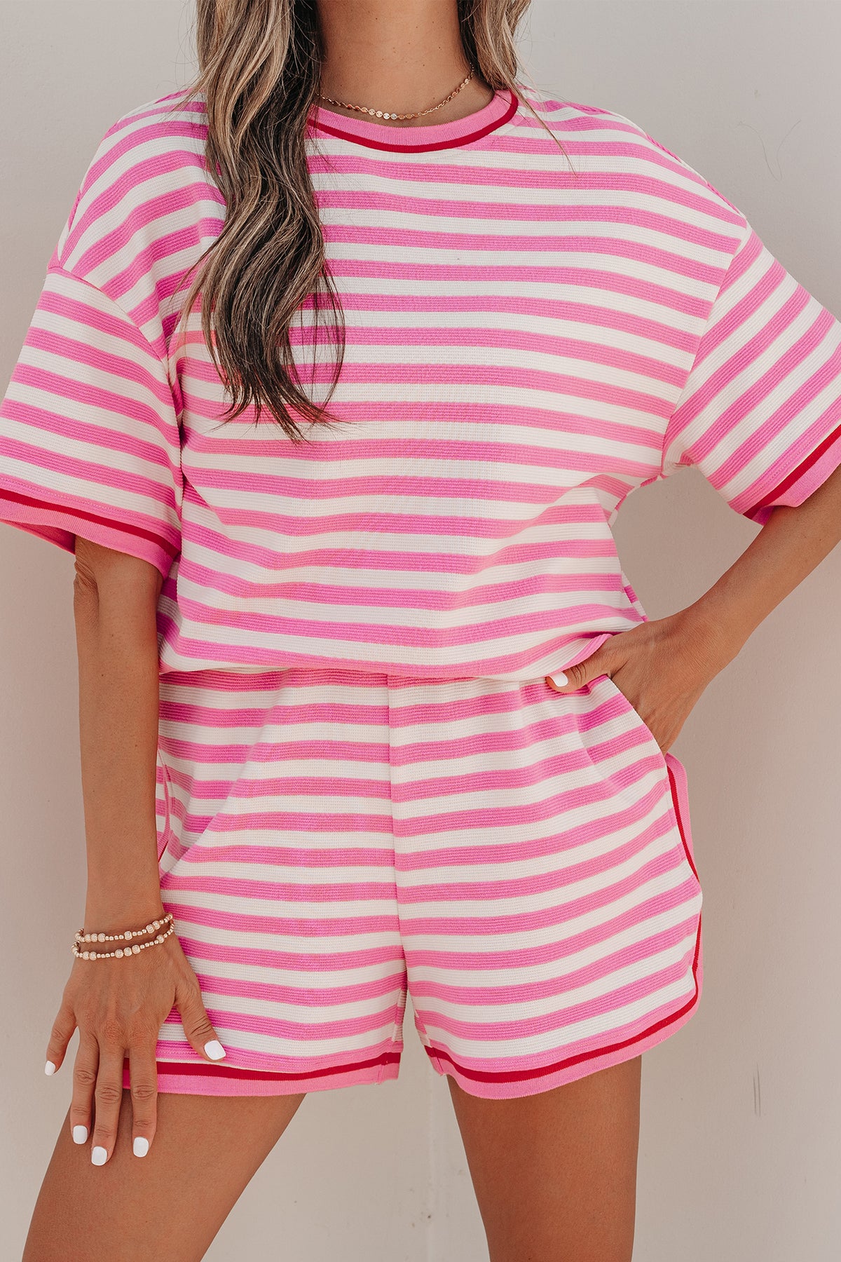 Women's Pink Stripe Contrast Trim Short-Sleeve Top Shorts Two-Piece Outfit Set