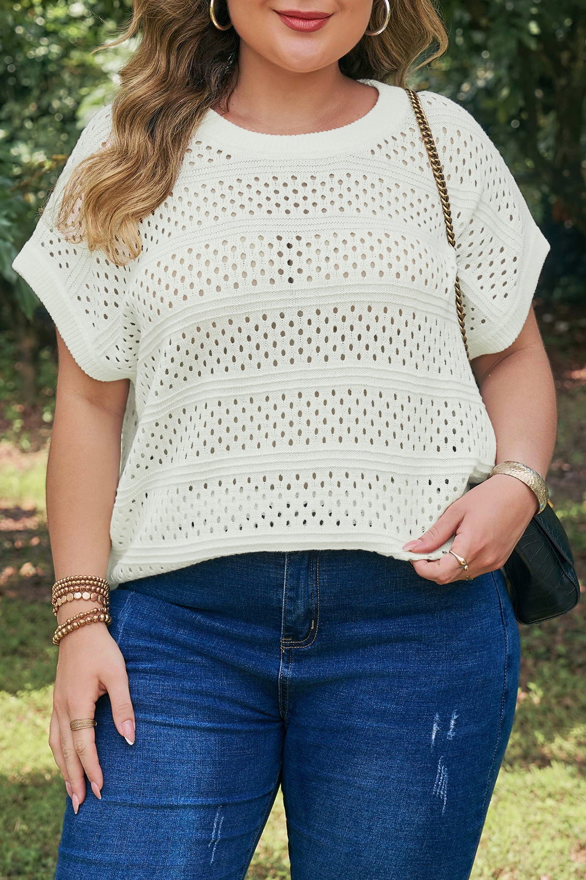 White Plus Size Eyelet Hollow Out Knit Ribbed Trim Short-Sleeve Dolman Sweater