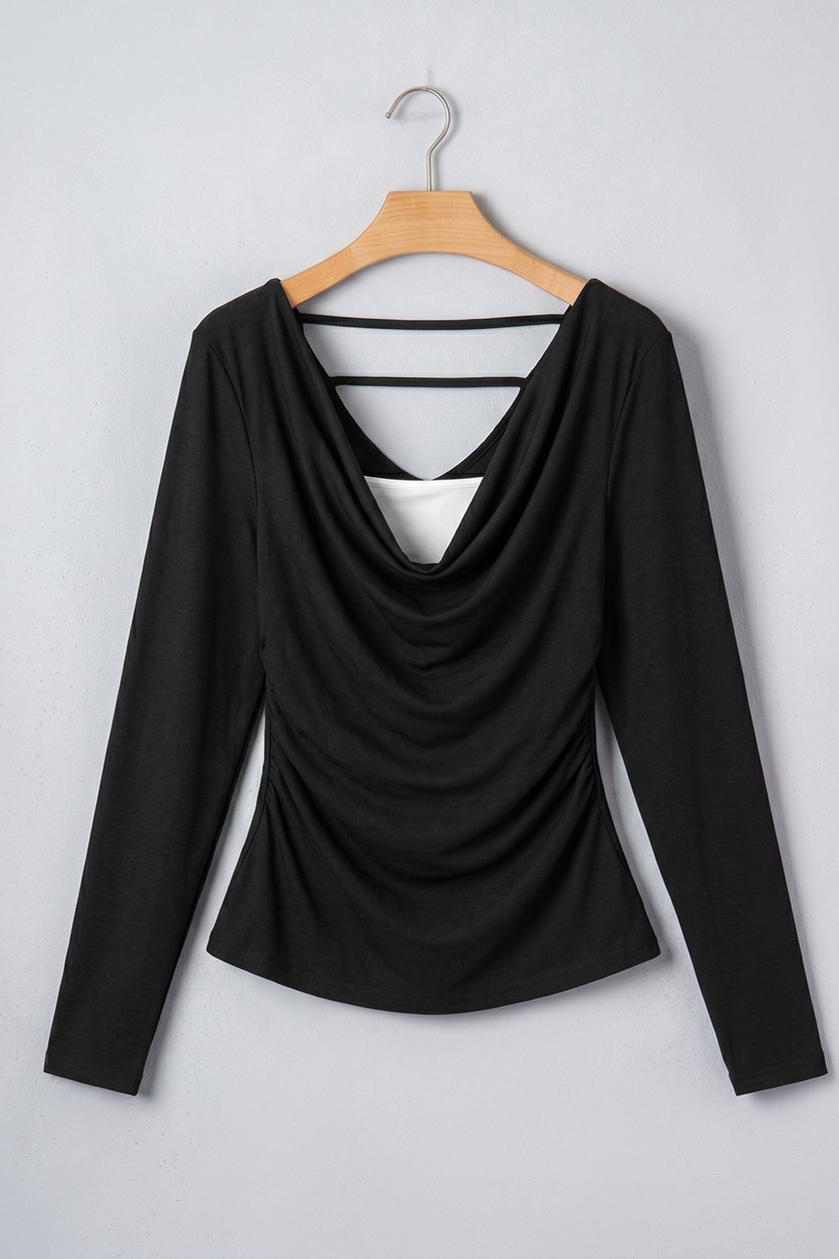 Black Color Block Drape V Neck Pleated Top