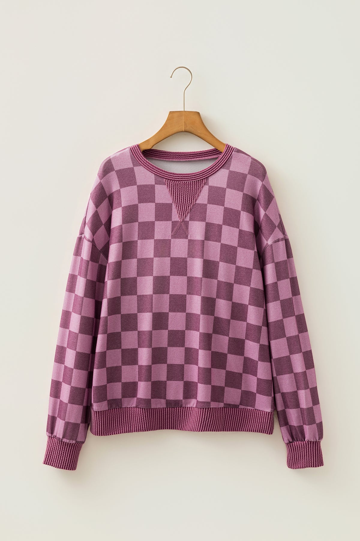 Red Ribbed Trim Checkered Print Pullover Top