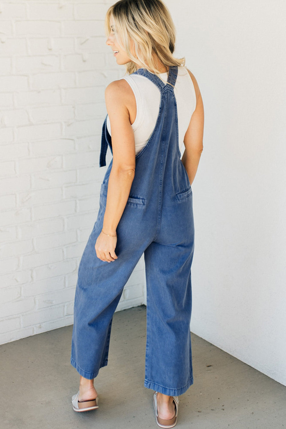 Prussian Blue Mineral Wash Knotted Strap Patched Pocket Wide Jumpsuit