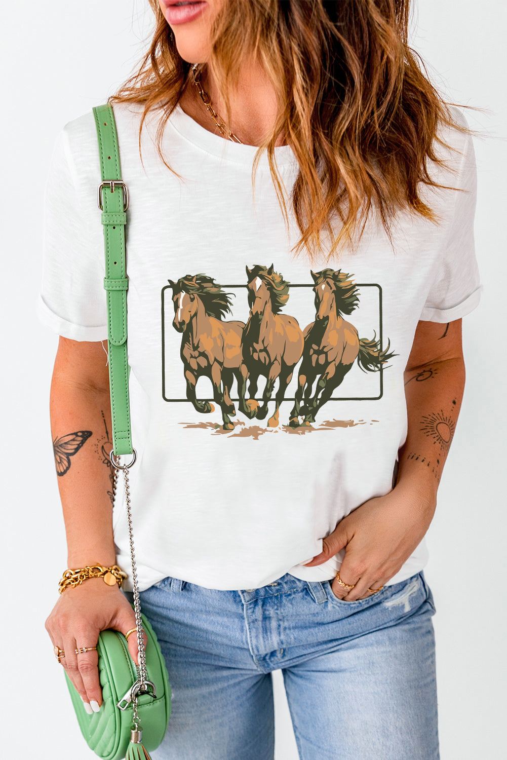 White Texas Horse Graphic Cuffed Sleeve Graphic T-Shirt
