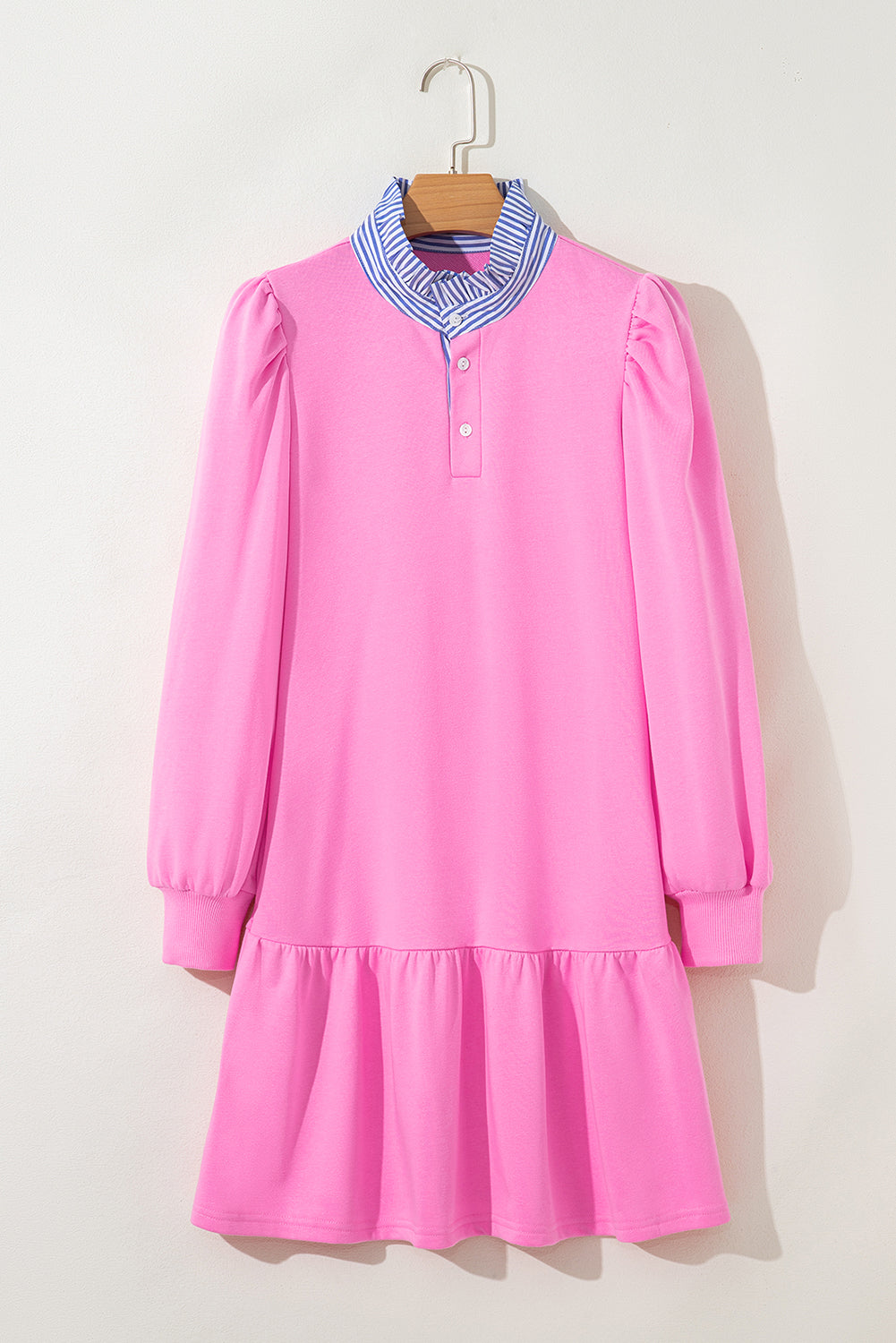 Fiery Red Striped Collar Patchwork Puff Sleeve Ruffle Hem Mini Dress