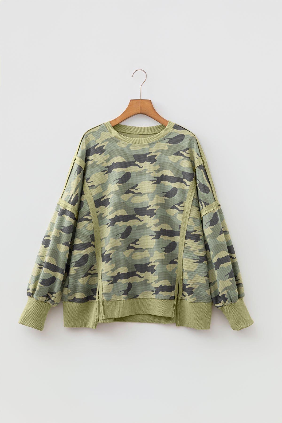 Green Camouflage Waffle Knit Raw Edge Trim Oversized Top